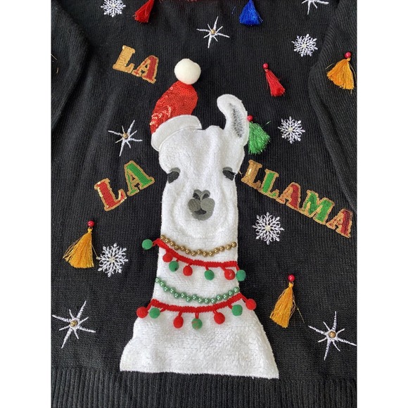 HOLIDAY TIME Ugly Christmas Sweater LLAMA Tassels Embroidered Size L 12-14 - Picture 2 of 4